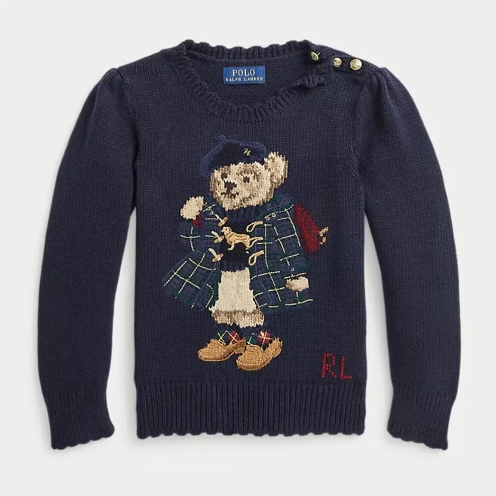 Ralph Lauren Polo Bear Cotton Sweater Kids Size 2 Scalloped Trim Preppy Classic